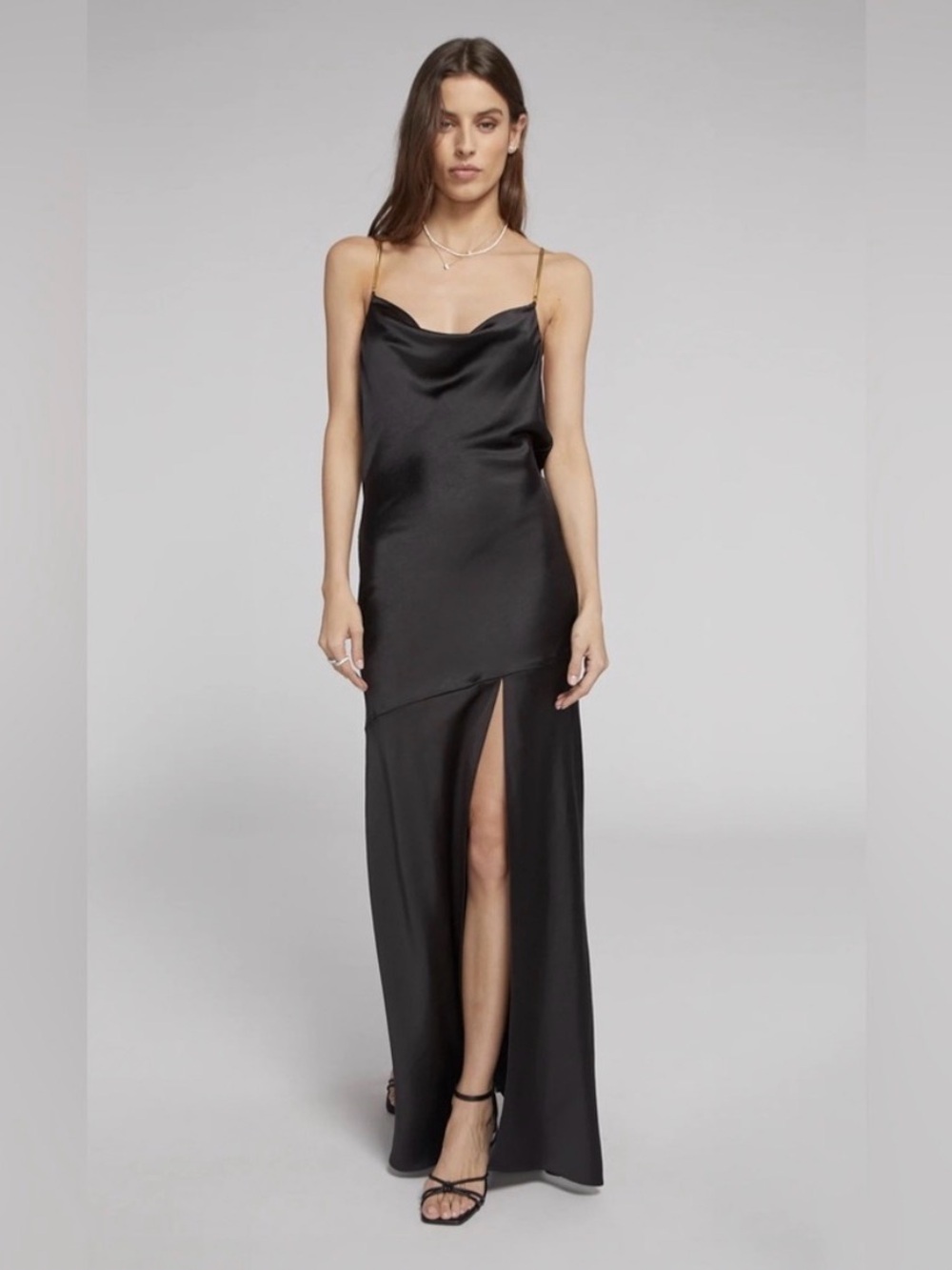 NWOT Generation Love Evie Black Satin Cowl Neck Slip Gown, Front Slit, Sz XS